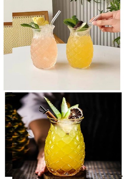 1 Adet Ananas Cam Kokteyl Sunum Bardağı Cam Pipetli Kahve Soğuk Içecek Bardak