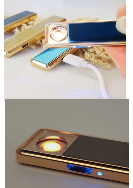 Kızaklı Gold USB Şarjlı Çakmak Alevsiz Elektronik Çakmak Rüzgarda Sönmez Kablo Dahil modelleri