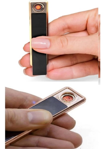 Kızaklı Gold USB Şarjlı Çakmak Alevsiz Elektronik Çakmak Rüzgarda Sönmez Kablo Dahil indirimleri