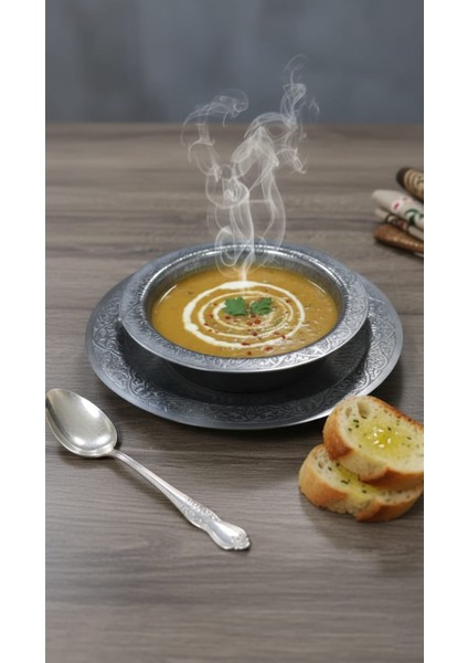 Otantik Desenli Krom Çelik Çorba Kasesi ve Altlığı fiyatları