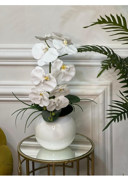Yapay Orkideli Beyaz Cam Vazo