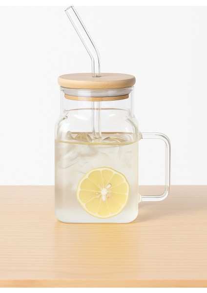 Bambu Kapaklı Pipetli Borosilikat Sunum Bardağı, Kahve Bardağı, Kulplu Bardak (650 Ml) fiyatları