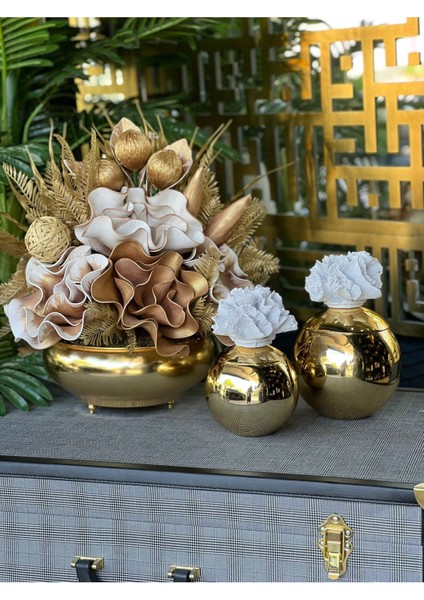 Yapay Çiçekli Gold Yassı Vazo 3 Parça Set No:7