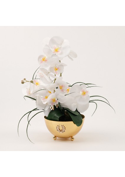 Yapay Orkideli Armalı Gold Vazo