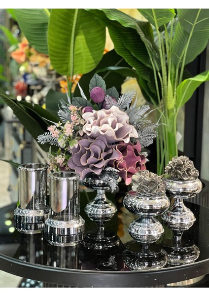 Yapay Çiçekli 5 Parça Set Gümüş No:17