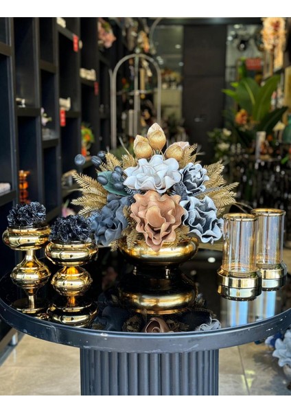 Yapay Çiçekli Gold Yassı Vazo 5 Parça Set No:7