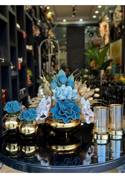 Yapay Çiçekli Gold Yassı Vazo 5 Parça Set No:6