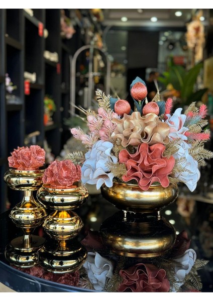 Yapay Çiçekli Gold Yassı Vazo 3 Parça Set No:2