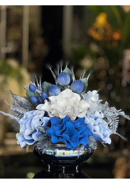 Yapay Çiçek Aranjmanlı Gümüş Yassı Vazo No:26