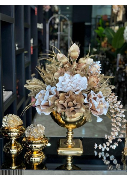 Yapay Çiçekli Gold Kare Ayak Vazo 3 Parça Set No:5