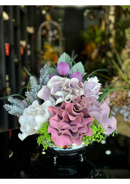 Yapay Çiçek Aranjmanlı Gümüş Yassı Vazo No:15