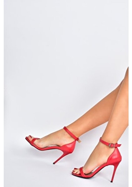 Kırmızı Kadın Topuklu Ayakkabı Suni Deri Neolit Taban 10 cm Topuk Boyu