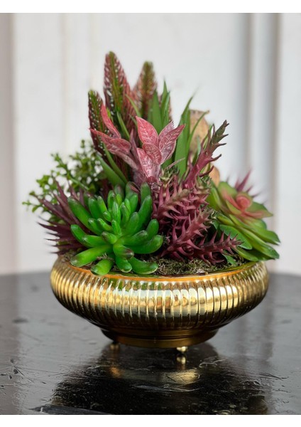 Yapay Sukulentli Küçük Boy Çizgili Yassı Vazo No:2