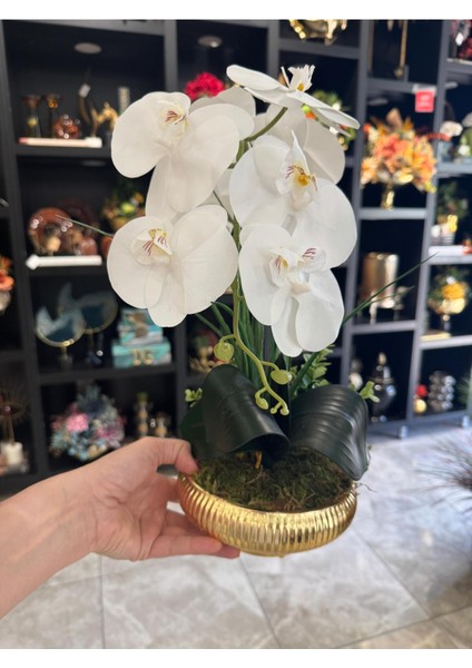 Yapay Orkideli Küçük Boy Çizgili Yassı Vazo No:2 fiyatları