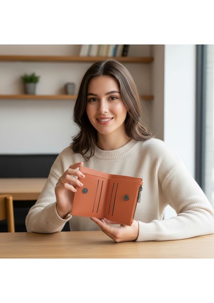 Turuncu Mıknatıslı Fermuarlı Kartlık Bölmeli Cüzdan