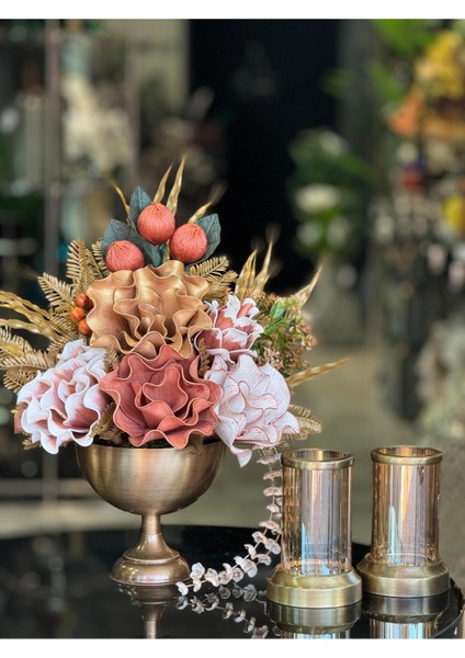 Yapay Çiçekli Antik Yuvarlak Vazo 3 Parça Set No:10