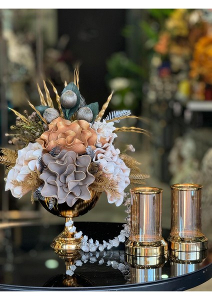 Yapay Çiçekli Gold Yuvarlak Vazo 3 Parça Set No:10