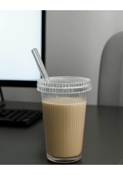 Cam Kapaklı Pipetli Cam Sunum Bardağı, Isıya Dayanıklı Bardak, Kahve Bardağı (400 Ml)