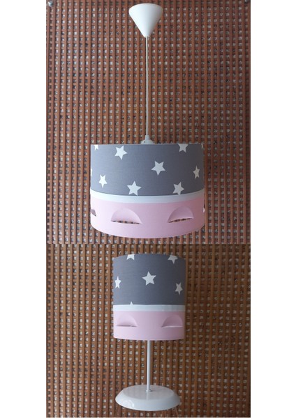 Gri Yıldızlı Pembe Motifli 2.li Set M-0399 Kumaş Kaplama Genç ve Çocuk Odası Avize ve Abajur Takımı