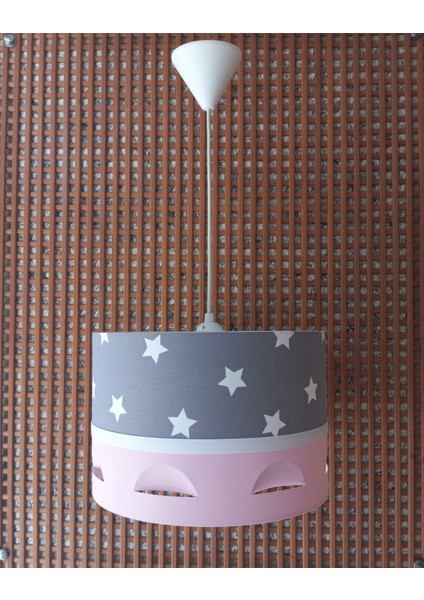 Gri Yıldızlı Pembe Motifli 2.li Set M-0399 Kumaş Kaplama Genç ve Çocuk Odası Avize ve Abajur Takımı fiyatları