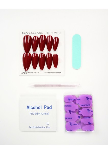 15'li Bordo Uzun Badem UBD1544 Tekrar Kullanılabilir El Yapımı Protez Takma Tırnak - Bordo-XS fırsatları