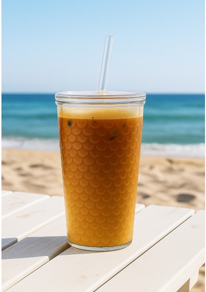 Squama 650 ml Cam Kapaklı Borosilikat Kahve Bardağı – Pipetli Soğuk & Sıcak İçecek Bardağı