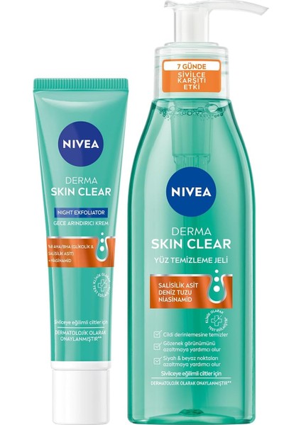 Nıvea Derma Skin Clear Sivilce Karşıtı Yüz Temizleme Jeli 150ML ve Gece Arındırıcı Krem 40ML, Nisaniamid, Salisilik Asit, Bha, Yağlı Cilt, Yüz Bakım, Cilt Bakım