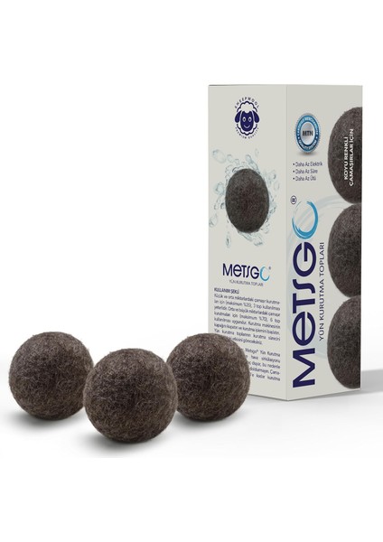 Metsgo Saf Doğal Yün Yerli Üretim Koyu Renkli Yün Kurutma Topları 3 Adet