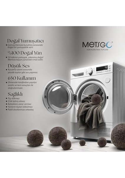 Metsgo Saf Doğal Yün Yerli Üretim Koyu Renkli Yün Kurutma Topları 3 Adet modelleri