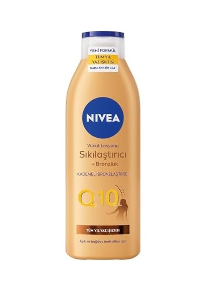Nıvea Q10 Sıkılaştırıcı ve Bronzlaştırıcı Vücut Losyonu 250ML, Kademeli Doğal Bronzluk, 7 Günde Sıkı Cilt, Açık ve Buğday Tenli Ciltler