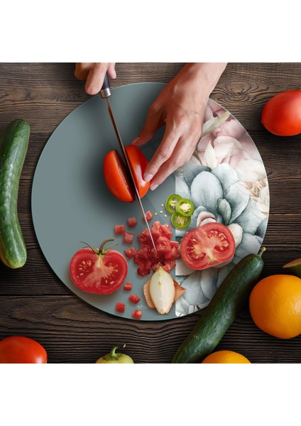 Cam Kesme Tahtası ve Sunumluk Yuvarlak Yeşil Vintage Gri Renkli Çiçek 30X30 cm fırsatları