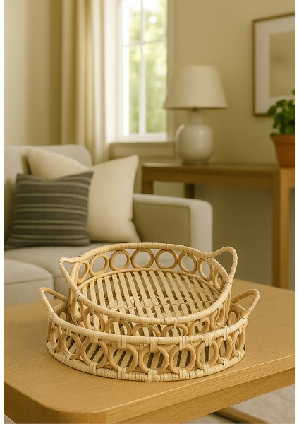 2 Adet El Yapımı Tepsi, Doğal Rattan Tepsi, Sunum Tepsisi fırsatları