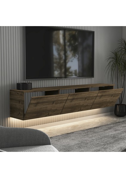 Neon LED Işıklı Duvara Monte, 3 Kapaklı TV Sehpası – 160 cm - Modern Tasarım fırsatları