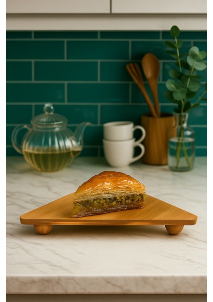 Üçgen Bambu Sunum Standı – Top Ayaklı 3 Köşe Servis Tabağı (21x40 cm)