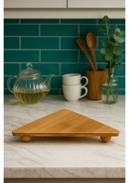 Üçgen Bambu Sunum Standı – Top Ayaklı 3 Köşe Servis Tabağı (21x40 cm)