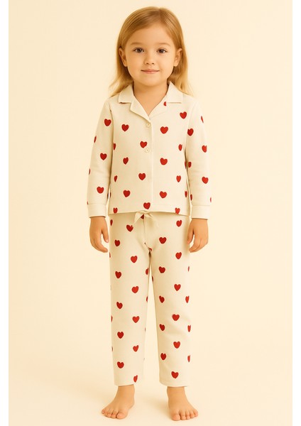 Kız Çocuk Kalpli Pijama Takımı Ekru fiyatları