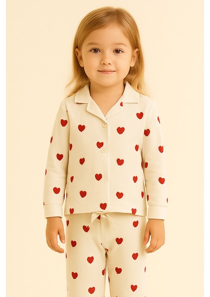 Kız Çocuk Kalpli Pijama Takımı Ekru modelleri
