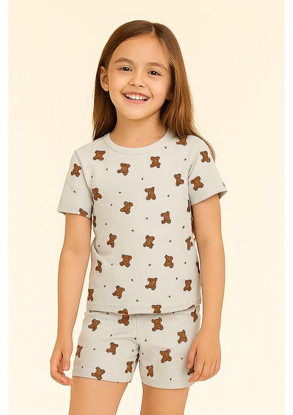 Kız Çocuk Teddy Desenli Şortlu Pijama Takımı
