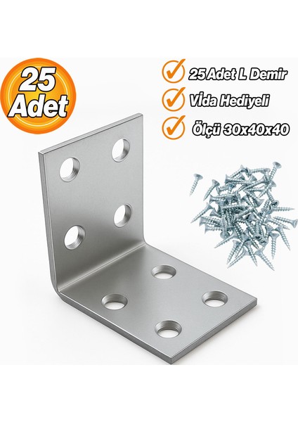 Metal Köşebent L Demiri (25 Adet) 30X40X40 mm Mobilya Duvar Sabitleme Gönye Bağlantı Aparatı