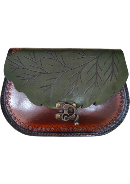 El Yapımı Hakiki Deri Yaprak Kapaklı Kadın Çapraz Çanta | El Kabartma Doğa Temalı Bohem Omuz Çantası | 4 Farklı Renk Seçeneği