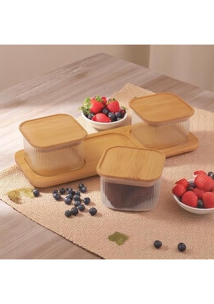 3'lü Bambu Kapaklı Cam Kahvaltılık ve Kuruyemişlik, 7 Parça Tepsili Kahvaltı ve Çerezlik Seti, Vakumlu Kapak modelleri