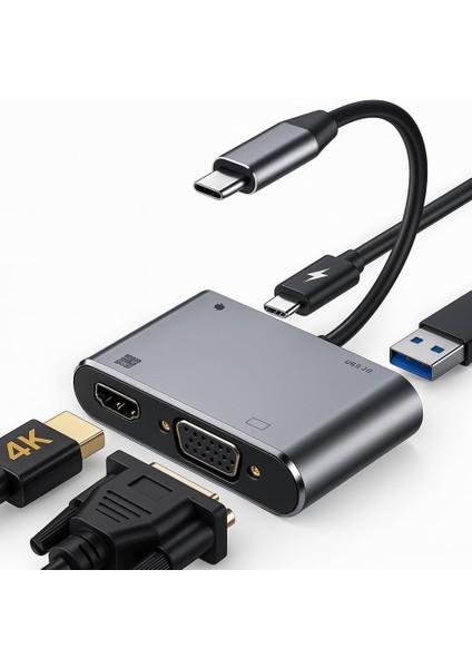 4in1 USB C HDMI VGA Adaptörü, USB C Hub, 4K Hdmı, 1080P Vga, USB 3.0, USB C Pd Şarj, MacBook Pro/air/ipad Pro 2018 / Xps/ Uyumlu