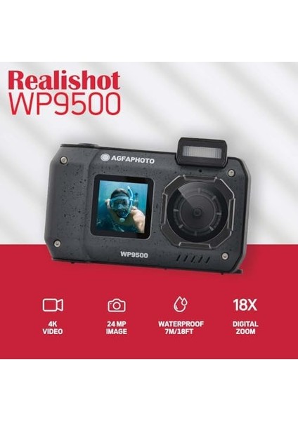 Realishot WP9500 - Su Geçirmez Dijital Kamera, 7 M Su Geçirmez, 24 Mp, Zoom 18X, 4K Video, 2,9 Inç / 1,4 Inç Çift Ekran - Siyah modelleri