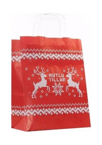 25X12X31 Burgu Saplı Mutlu Yıllar Desenli Kraft Poşet - Çanta 25 Adet fiyatları