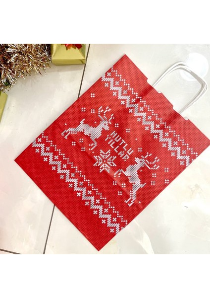 25X12X31 Burgu Saplı Mutlu Yıllar Desenli Kraft Poşet - Çanta 25 Adet indirimleri