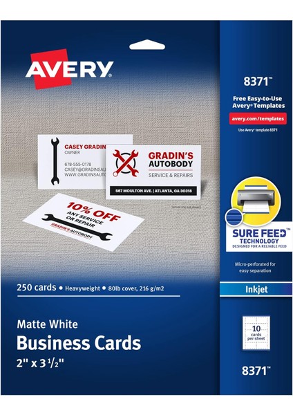 Yazdırılabilir Kartvizitler, Mürekkep Püskürtmeli Yazıcılar, 250 Kart, 2 x 3.5 (8371)