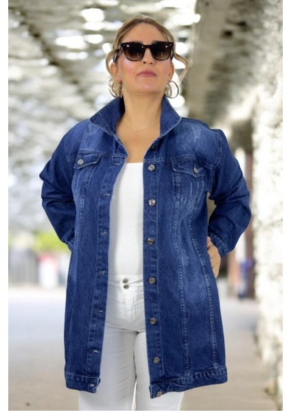 Metal Düğmeli Yanlarda ve Çift Göğüs Cepli Ara Boy Büyük Beden Kot Ceket fiyatları