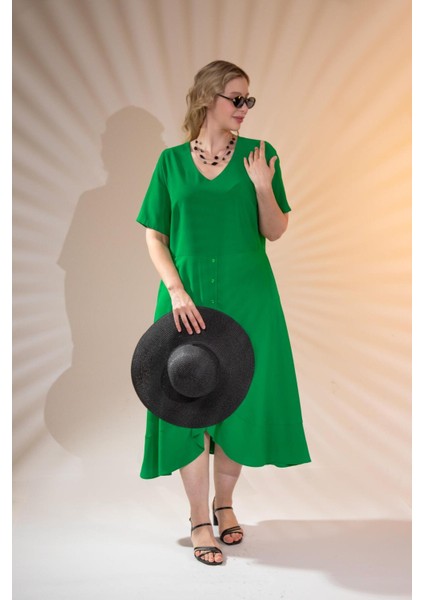 Kadın Büyük Beden Eteği Düğmeli Volanlı Yeşil Elbise fiyatları