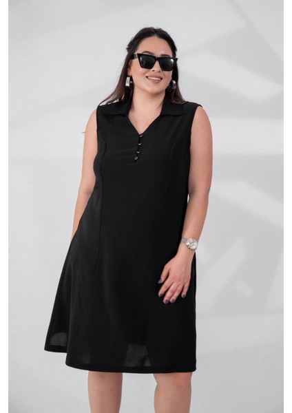 Kadın Büyük Beden 1111031 Önü Düğmeli Kolsuz Elbise Siyah