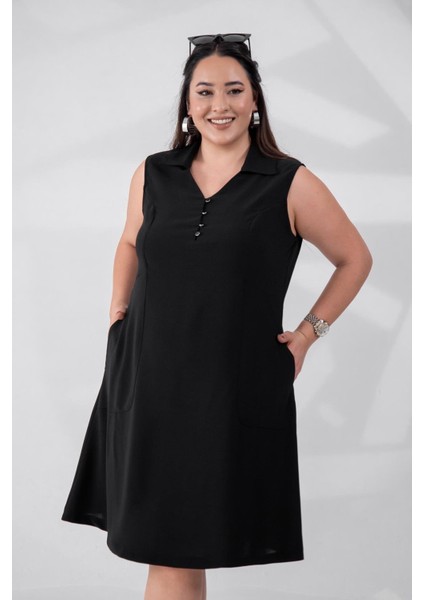 Kadın Büyük Beden 1111031 Önü Düğmeli Kolsuz Elbise Siyah fiyatları